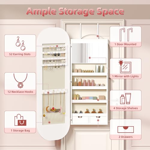 44'' Full Length Mirror Jewelry Cabinet, Lockable Wall-Mount or Door Hanging Jewelry Armoire with Interior Led Mirror & Storage Shelf, White 5
