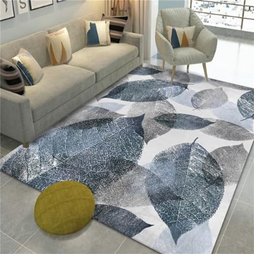 Tapis de bébé bleu 200X250cm lavable et moderne à motif feuilles