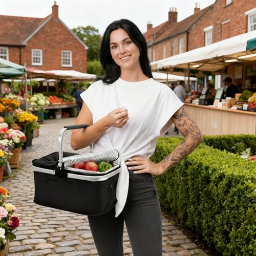 24L Einkaufskorb Groß Isolierkorb Kühlkorb Kühltasche Picknickkorb Thermotasche Kühltasche Thermo Tasche Kühlbox Einkaufskörbe (Schwarz)