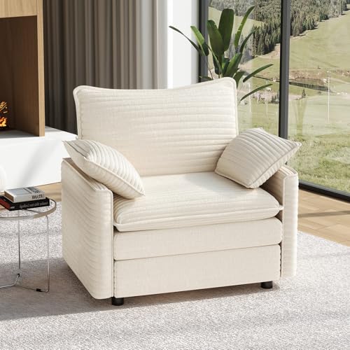 Image of Vesgantti 40 inch Single Seat Sofa, Comfy Cloud Couch Deep Seat Upholstered Couch Corduroy Modern Sofa with Armrest Pillow, Easy Assembly for Living Room, Bedroom and Apartment, Beige