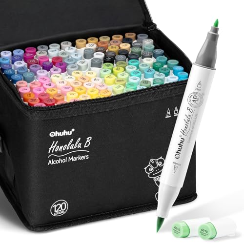 Image of Ohuhu Alcohol Markers Brush Tip -Double Tipped Art Marker Set for Artist Adults Coloring Illustration -120 Colors -Brush &Fine -Honolulu B-Refillable