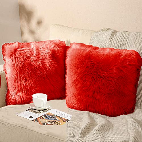 Image of Fur Cushion Pillow Cover for Set of 2 Pillow - 13x13 Inches (RED)