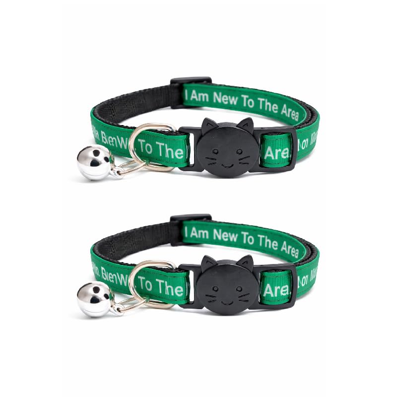 Worded Cat Collars – Please Do Not Feed Me, I Am Microchipped | Safe Quick Release Breakaway Buckle | Zacal Cat Collars (Pack of 2, Green, I Am New To The Area)