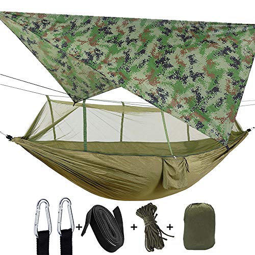 Hamac de camping pour 2 personnes avec filet, tente, sangles d'arbre, robuste, imperméable, léger, en nylon portable pour randonnée, voyage, plage, survie,...