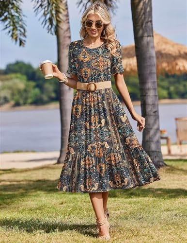 Image of Zeagoo Womens Summer Dresses 2026 Casual Midi Dress Flowy Sundress Ruffle Short Sleeve Tiered Dresses A Line Boho Dress