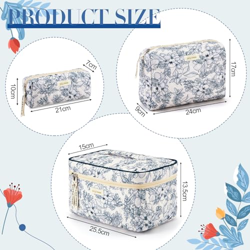 3 Pcs Cotton Quilted Makeup Bag Large Coquette Makeup Bag Travel Aesthetic Floral Makeup Bag Cute Kawaii Toiletry Cosmetic Pouch with Zipper for Women Gifts Home Bathroom (Blue Plants) - Image 3