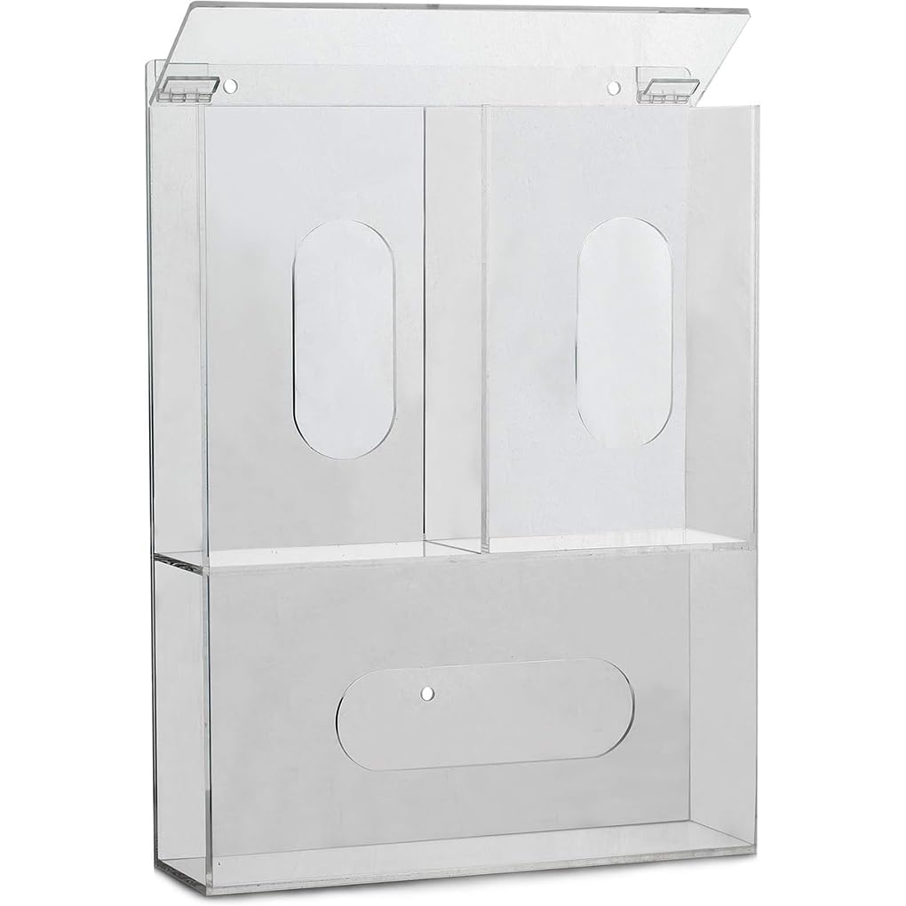 Dispenser per mascherine e guanti monouso in acrilico trasparente, progettato per il montaggio a parete, con coperchio. Offre un facile accesso agli