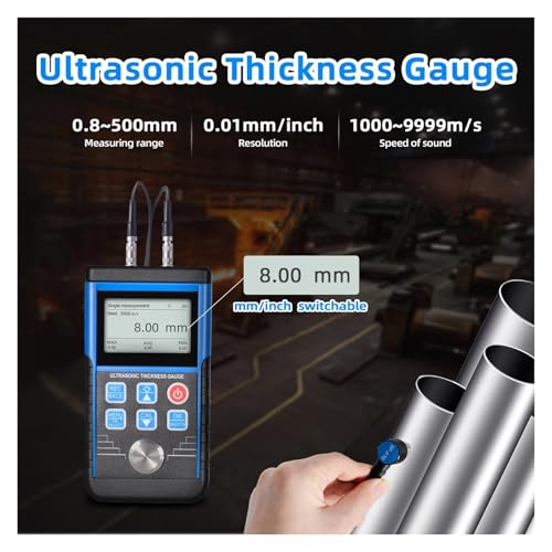 Calibrador de espesores ultrasónico, rango 0,8-500 mm, resolución 0,01 mm, portátil para metal/acero, con medición de velocidad del sonido y almacenamiento de datos miniatura 7