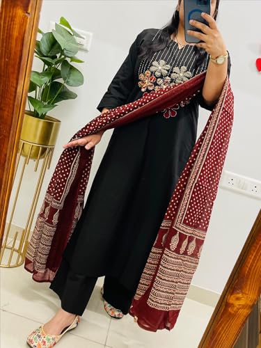 Image of BHARVITA Women's Cotton Embroidered Anarkali Kurta and Palazzo with Dupatta Set | A-line fit