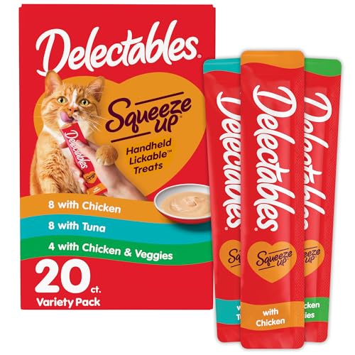 Delectables Squeeze Up Variety Pack, Creamy Squeezable Puree, Lickable Wet Cat Treats, Grain Free, No Added Fillers, No by-Products, No Added Preservatives, 0.5 Ounces Tube, 20 Tubes Total