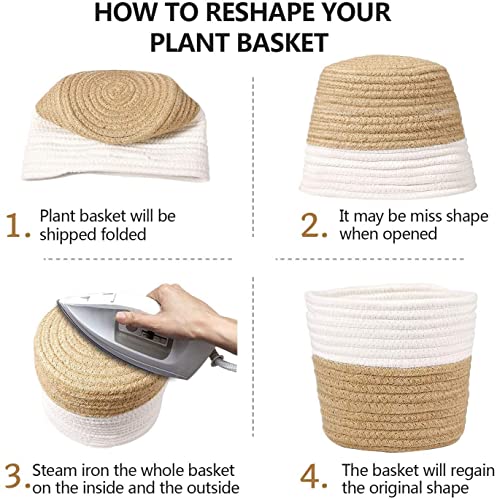 Image of AuraNest Jute Planter Basket 8x8 Inch | Cotton Rope Round Storage Basket for Plants, Laundry & Home Organizer | Multipurpose Eco-Friendly Woven Bin for Kitchen, Bedroom & Nursery (Brown & White)