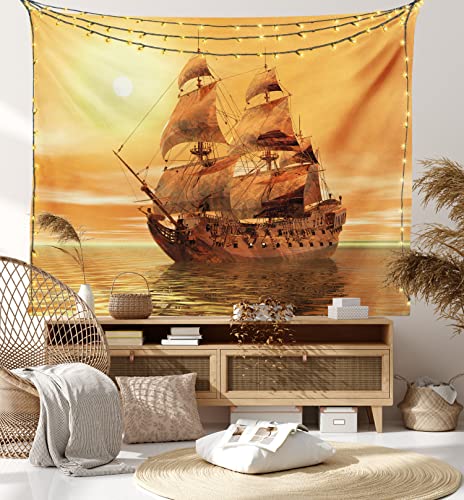 Ambesonne Vintage Tapestry, Ocean Sealife Wavy Pirate Ship Sailing In A Glass Water Image, Wide Wall Hanging For Bedroom Living Room Dorm, 80" X 60", Pale Yellow Marigold #TOP10