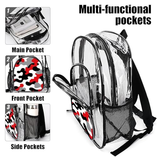 Waterproof See Through Plastic Backpacks, Casual Fashion Clear Bags Military Red Camo Army Camouflage for Women and Men Work, Office, Beach, Travel Use4