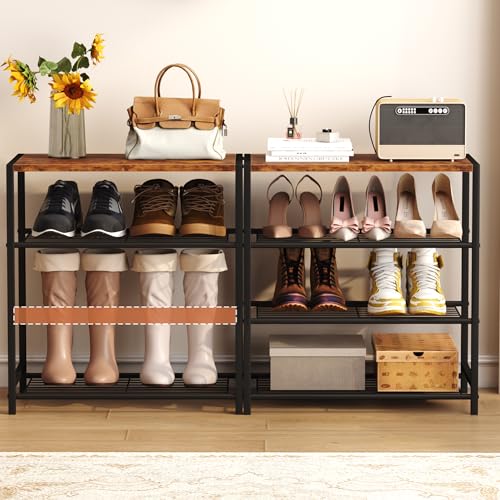 Image of HOMEFORT 4-Tier Metal Shoe Rack, All-Metal Shoe Tower, Shoe Storage Shelf with MDF Top Board, Each Tier Fits 3 Pairs of Shoes, Entryway Shoes Organizer with Sturdy Metal Shelves in Rustic Brown