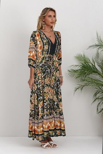 Image of Women Short Sleeve V Neck Floral Print Casual Bohemian Maxi Dresses