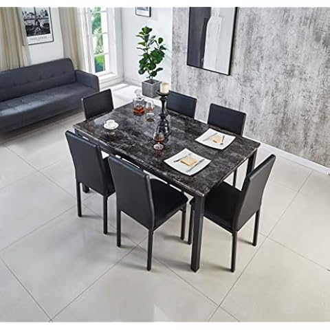 Marble Effect MDF Grey Emillia Range Kitchen Living Room Sets including, Coffee Table, Side Table, Dining Sets, Nest of 3 Table Sets (Dining Sets with 6 Chairs) Cover