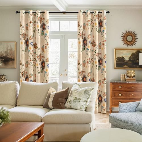 Image of XiDi Floral Patterned Curtains 90 Inch Length 2 Panels Light Beige Curtains | 100% Blackout Vintage Boho Flower Paisley Print Curtains Room Darkening Grommet Window Drapes for Living Room Bedroom 52Wx90L