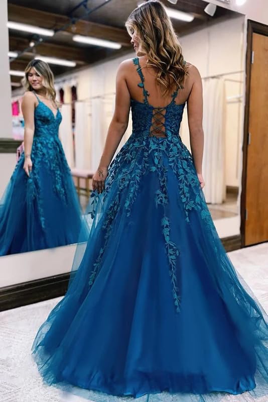 Lace Appliques Prom Dresses Tulle Long Ball Gowns Spaghetti Strap A-line V Neck Formal Dress for Women3