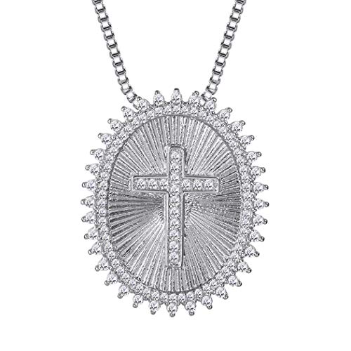 Preisvergleich Produktbild Suplight Damen Kette Oval Christliche Kreuz Medaille Anhänger Halskette Platiniert Religiöse Kettenanhänger, Silber