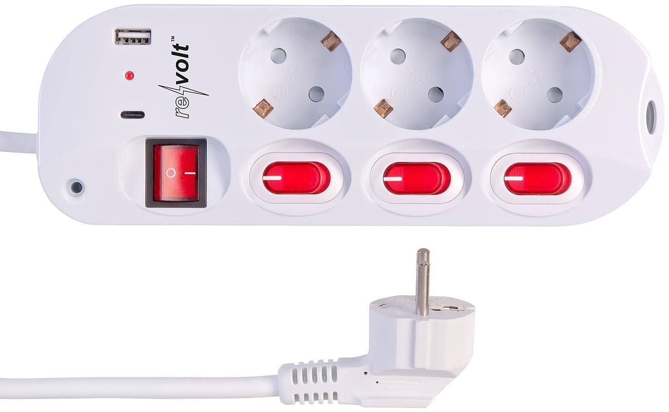 revolt multipresa 230V: Set da 2 Multipresa a 3 vie, attivabile singolarmente, 2 porte USB per la ricarica (con porte di ricarica USB, ciabatta elettrica da 230 volt)