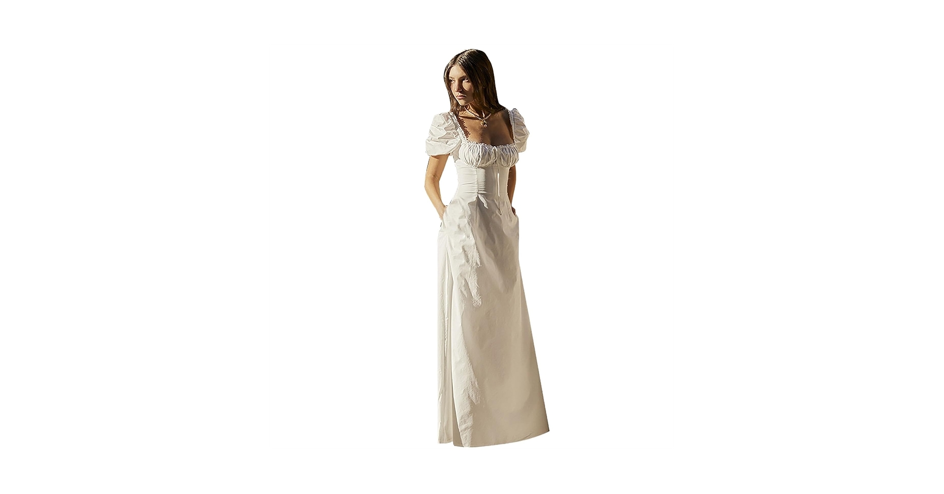 ワンピース SQUARE-SLEEVES DRESS ZZIDOU Puff Sleeve Slit Dress Square Neck Lace A-line Beach