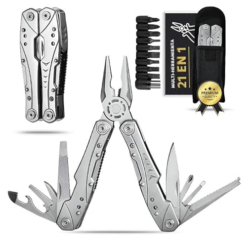 Multitool 21 en 1 de Acero Inox alicates multiusos, navaja tactica, multiherramienta bicicleta, alicates electricista, camping accesorios, navajas multiusos con bloqueo de seguridad y funda