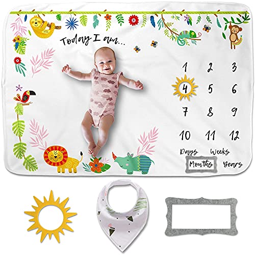Image of Luka & Lily Baby Milestone Blanket - Ultra Soft Fleece Monthly Milestone Blanket for Baby Girl and Boy - Perfect for Baby's First Year Growth Chart - Monthly Baby Milestone - Safari Theme - 60"x40"