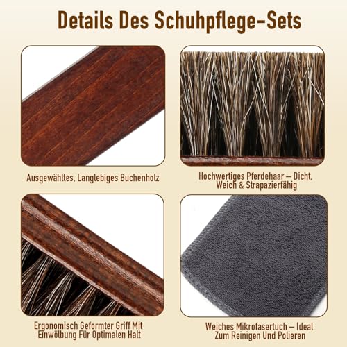 Lyssra 4-teiliges Schuhputzset Premium – 100% Rosshaar Schuhbürste & 2X Auftragsbürste – Inkl. Poliertuch – Professionelles Schuhpflege Set für Lederschuhe, Stiefel & Möbel – Hochwertige Holzgriffe