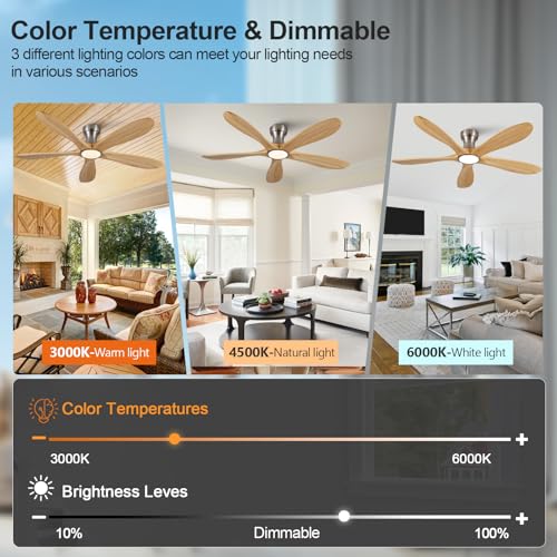 Image of 52 Inch Flush Mount Ceiling Fans with Lights and Remote, Dimmable 5 Blade Wood Outdoor Ceiling Fan Outdoor Fans for Patios Low Profile Modern Ceiling Fan with Light for Bedroom Living Room