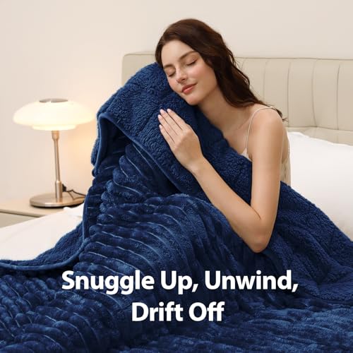 Image of Ultra-Soft Weighted Blanket for Adults(15 lbs, 60 inch x 80 inch Queen Size) 3D Striped Sherpa Fleece Reversible Heavy Blanket with Glass Beads, Perfect for 140-190 lbs, Machine Washable, Navy Blue
