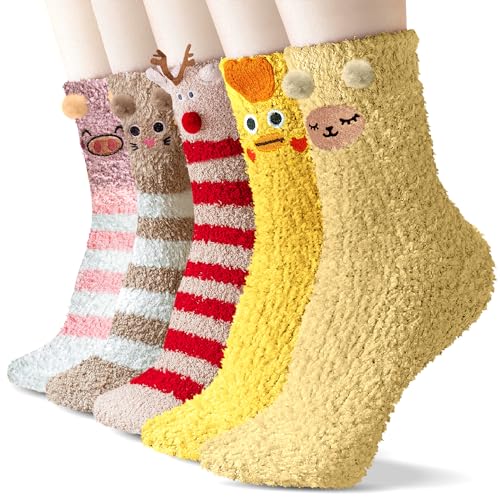 TEHOOK 5 Pairs Funny Fuzzy Socks for Women, Cute Animal Soft Winter Warm Novelty Fluffy Socks for Girls, Christmas Stocking Stuffers Gifts
