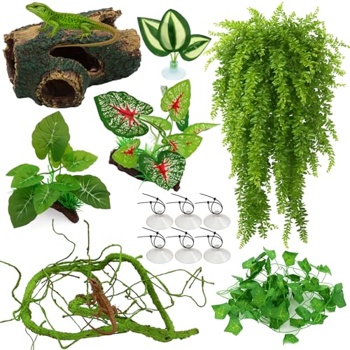 13 PCS Reptile Reptile Eco Bottle Decoration Set - vines eco bottle plants hanging greenery leaf feeders lizards geckos bearded dragons Landscape drawn hideout logs and habitat accessories