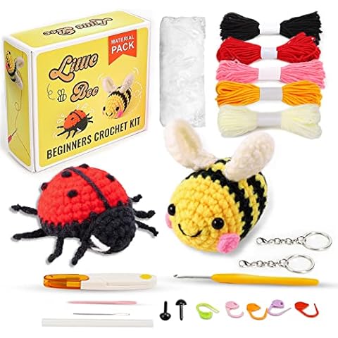 PP OPOUNT Beginner Crochet Kit - Cute Bee & Ladybug, Complete Crochet Kit for Beginners, Starter Pack for Adults and Kids, Includes Step-by-Step Instruction and Video Tutorials Cover