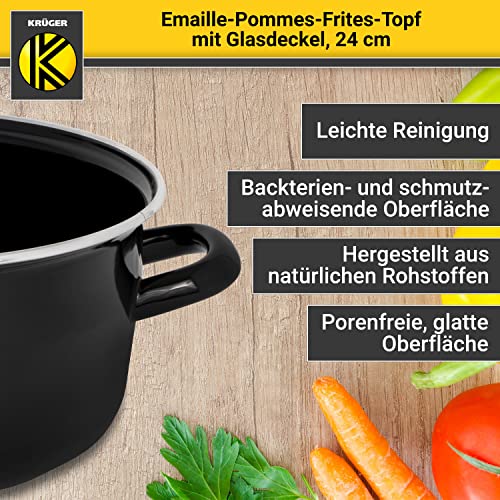 Krüger Emaille-Pommes-Frites-Topf mit Chromrand, Siebeinsatz und Aufliege-Glasdeckel - 24cm - perfekte Wärmeleitung - Topf zum Frittieren von Pommes-Frites, Calamares, etc. – Bild 3