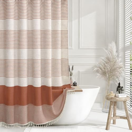 XOGUIBO Coral Shower Curtain Boho Linen Striped...
