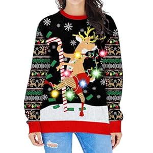 Fanient Women LED Light Up Ugly Christmas Sweater Snowflake Reindeer Xmas Sweater Built-in Light Bulbs Knitted Pullover