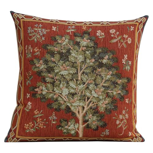 Medieval Decor Oak Vintage Tapestry Throw Boho Pillow Cover, 19 x 19 in | Unicorn Vintage Tapestry Throw Pillow Cover with Lined Backing and Hidden Zipper for Boho Bedroom and Sofa Decor