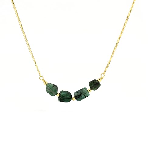 Gempires Natural Raw Emerald Bar Necklace, 14k Gold Plated Dainty Handmade Necklace With 20-22 inch Adjustable Chain (Emerald)