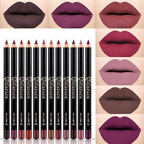 Bellesky Matte Lip Liner Pencil 12 PCS Nude Series Lip Liner Filler Pencil Set Velvet Smoothly and Highly Pigmented Lipliner Pen Set Long Lasting and Waterproof Durable Lip Liners (12 PCS-A)