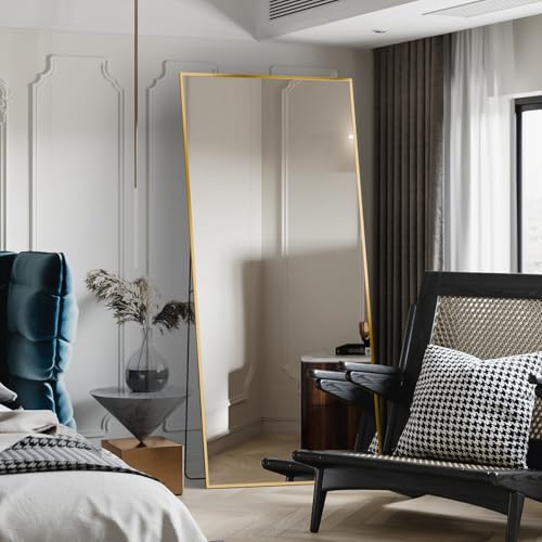 Full-Length Mirror, Super-Large Floor Mirror, with Bracket, Full-Length Mirror, Aluminum Alloy Whole-Body Mirrors, Tilt for The Living Room, Bedroom (Gold)