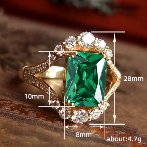 18K Gold Plated Emerald-Cut Statement Rings for Women,Green Simulated Emerald Round White Cubic Zirconia Engagement Promise Ring Size 6-102