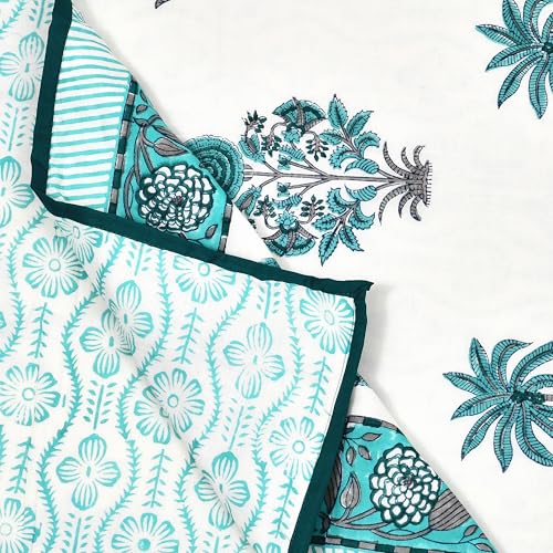 Image of BLOCKS OF INDIA Hand Block Printed Cotton Single Size Reversible Malmal Dohar for Summer (Turq BUTA Tree)