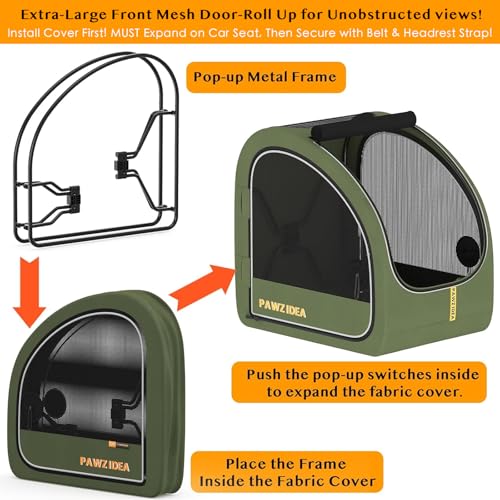 PAWZIDEA Portable Dog Crate for Car Travel, Collapsible Pet Travel Crates for Medium & Large Dogs, Soft-Sided Car Kennel Carrier for Backseat, Secures with Seatbelt &Headrest Strap, Chew-proof, 4-Door