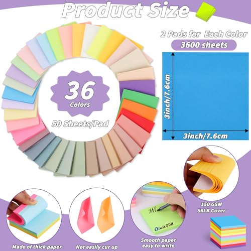 Image of 72 Pack Sticky Notes Bulk 3x3 Inch 36 Colors Colorful Memo Pads