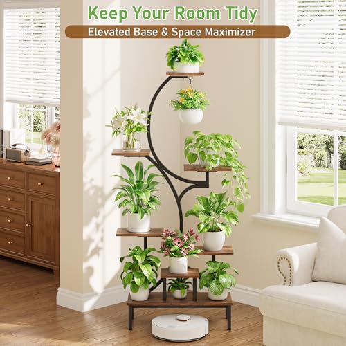 Image of Plant Stand Indoor with Grow Lights - 7-Tier Indoor Plant Shelf with Elevated Base & Hanging Hook, 63 inch Corner Plants Stands for Multiple Plant Sizes, Multi-Tiered Lighted Rack for Living Room, Black