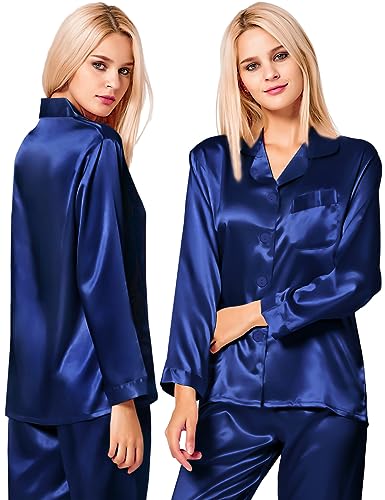 Image of SWOMOG Long Sleeve Pajamas Set Silk Satin Sleepwear Button Down Pjs Loungewear with Pocket