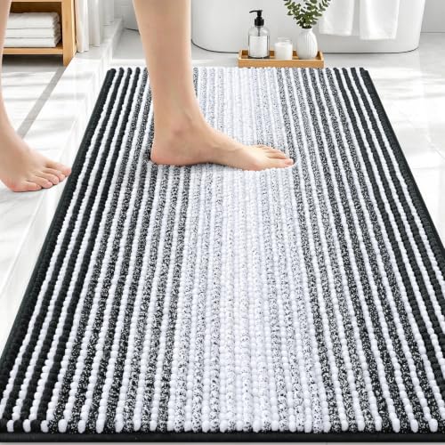 Image of OLANLY Bathroom Rugs 34x21, Soft Chenille Striped Bath Rugs, Black
