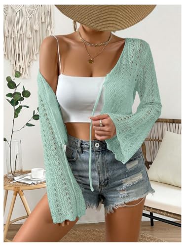 Image of SHENHE Women's Tie Front Cardigan Trumpet Sleeve Pointelle Knit Crop Tops