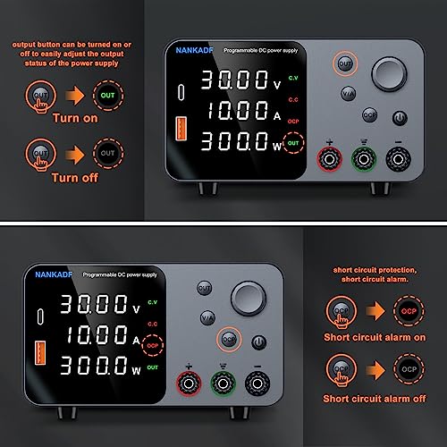 DC Power Supply, 30V 10A Bench Power Supply with Encoder Adjustment, 5V/3.6A USB&Type-C Quick-Charge, Adjustable Power Supply with Output Enable/Disable Button, Short Circuit Alarm by NANKADF - Image 3