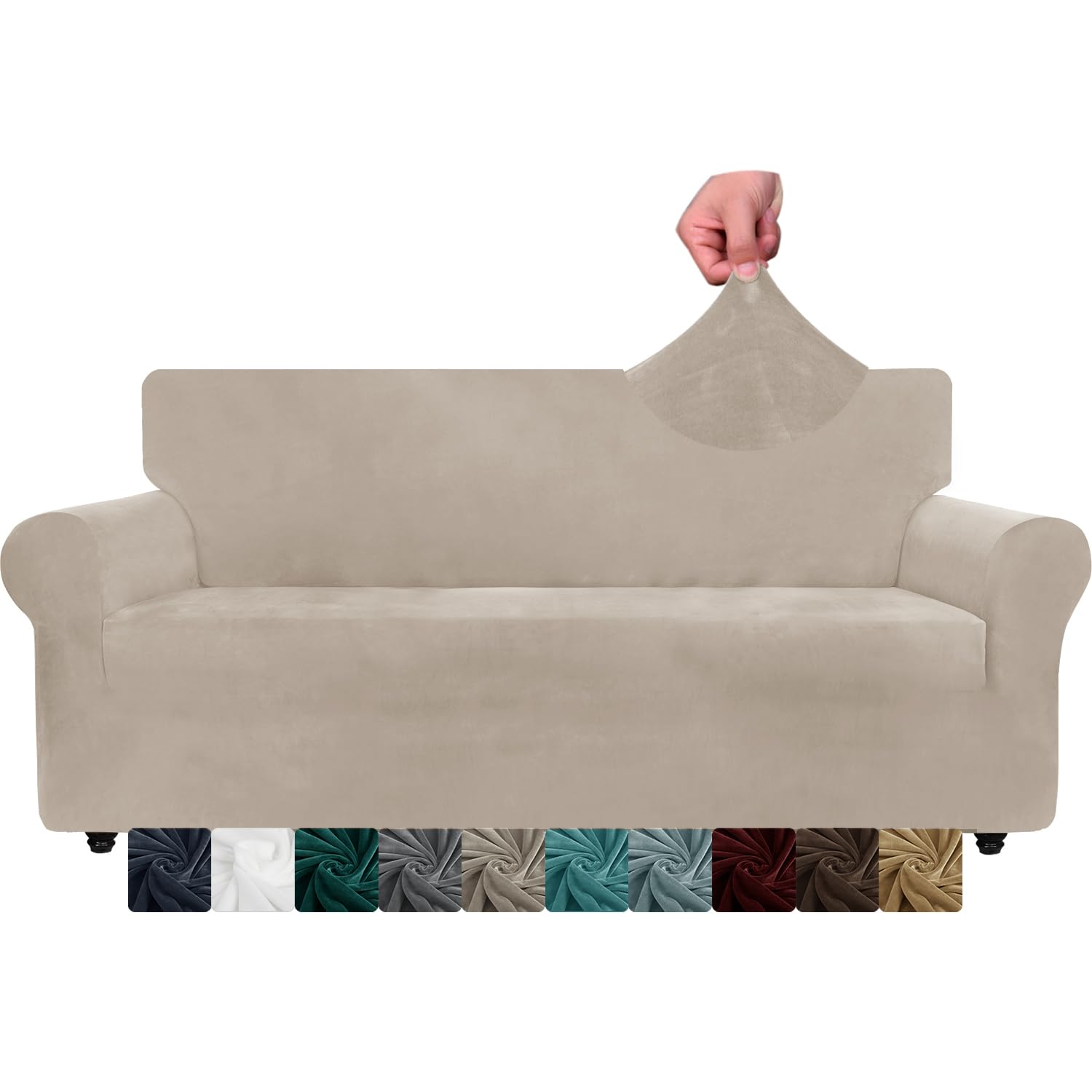 CHELZEN Velvet Extra Large Couch Covers 4 Seater Thick Stretch Oversized Sofa Covers for Dogs Pets Non-Slip XL Sofa Slipcover Washable Furniture Protector (4 Seater, Khaki)